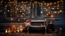 Nostalgic Vintage Old Log Wooden Cabin Style With Christmas Ornaments Balls And Lights On A Snowy Christmas Night Created With Generative AI Technology