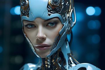 Wall Mural - Beautiful female cyborg with AI powered brain looking into the camera, close-up.