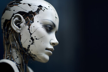 Wall Mural - Broken female cyborg head with wires and artificial brain exposed. Profile side view against a dark background with copy space.