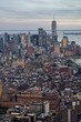 Aerial view of Manhattan skyline at sunset