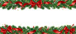 Christmas tree garland on transparent background, vector illustration. Realistic pine tree branches with red bow and ribbons. Decoration for holiday banners, party posters, cards, headers.