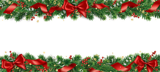 Wall Mural - Christmas tree garland on transparent background, vector illustration. Realistic pine tree branches with red bow and ribbons. Decoration for holiday banners, party posters, cards, headers.