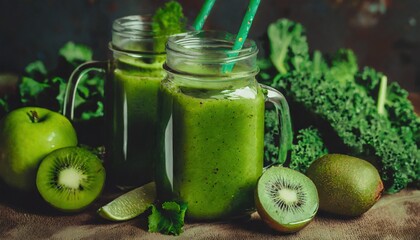 Glass jar mugs with green health smoothie, kale leaves, lime, apple, kiwi 