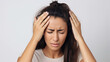 © AstraNova - woman having headache and stress depression due to excessive office work in front of computer laptop isolated on white background