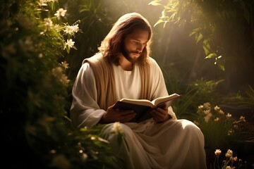 Wall Mural - Jesus Christ reads a book in the summer garden, the concept of Christianity, religion, the Bible and faith.