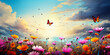 Vibrant butterflies of various colors fluttering above a field of colorful wildflowers under a sunny sky with soft clouds, symbolizing spring and the beauty of nature