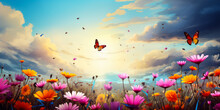 Vibrant Butterflies Of Various Colors Fluttering Above A Field Of Colorful Wildflowers Under A Sunny Sky With Soft Clouds, Symbolizing Spring And The Beauty Of Nature