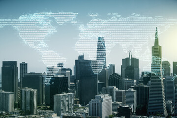 Wall Mural - multi exposure of abstract creative digital world map hologram on san francisco skyscrapers backgrou