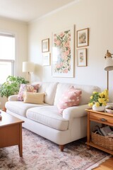 Wall Mural - A vintage-inspired living room with a floral sofa, a patterned rug,