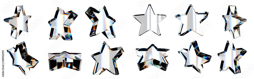 Image Reflection Stardesign Set of 3d transparent glossy stars with dispersion effect. Rainbow ...