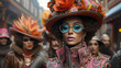 Parade featuring people wearing eccentric and oversized hats, turning the streets into a vibrant and quirky fashion show.