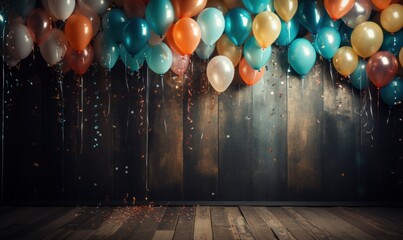Poster - a wooden background in which colored confetti is tied to colorful balloons,