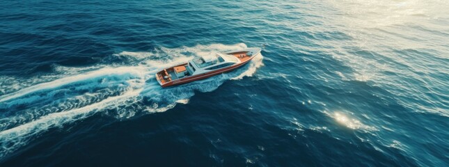 Wall Mural - aerial footage of boat speeding across the ocean boat