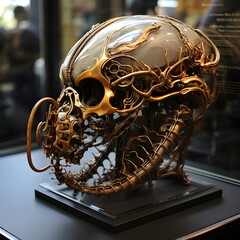 The skull looks strangely like an imaginary extraterrestrial creature. Set up on a base for display in a museum or biology lab. So that scientists and interested people can study the details closely.