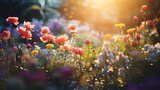 Fototapeta Natura - A peaceful botanical garden with a myriad of flowers, their vibrant colors creating a mesmerizing bokeh effect in the soft afternoon light