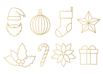 Wall Mural - christmas golden outline icons: Santa, bauble, stocking, star, mistletoe, candy cane, poinsettia flower, holly berry,  and gift box- vector illustration