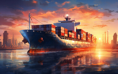 Poster - A large tanker with containers leaves the port into the ocean. Container ship getting to port. Cargo, transportation, supply, logistics and economy idea. AI generative.