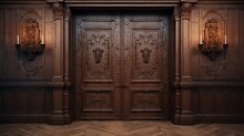 A Grand Double Door Made Of Richly Carved Wood, Opening Into The Opulent Interior Of A Medieval Manor.