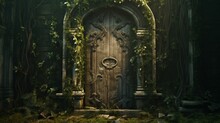 A Weathered Wooden Door Partially Overgrown With Ivy, Offering A Glimpse Into The Forgotten Chambers Of A Medieval Ruin.