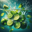 Underwater lime slices and mint leaves with effervescent bubbles