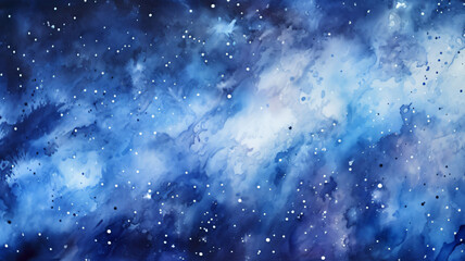 watercolor painting of outer space deep in the galaxy with blue and black background and stars, abstract art concept painting