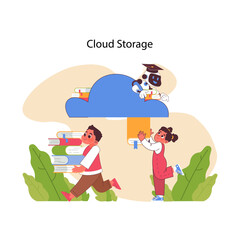 Wall Mural - AI in education illustrates cloud storage with students accessing a virtual library, overseen by a robot teacher. Flat vector illustration