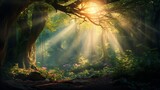 Fototapeta Natura - An enchanting forest scene, with sunbeams filtering through the lush foliage, casting a magical aura with blurred details in the background
