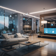 Poster - A smart home setup. A modern living space equipped with smart home devices like smart lights, tv and voice - controlled assistants. Smart home interior with augmented reality. AI generative.
