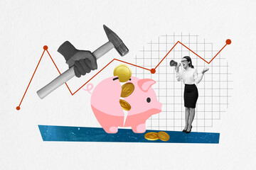 Canvas Print - Artwork collage of mini black white colors elegfant angry girl shout big arm hold hammer destroy money coins savings pig bank stats graphic