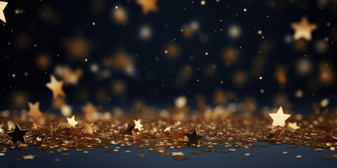 Wall Mural - Golden star confetti on dark blue background.