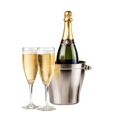 Two tall thin glasses of champagne next to an ice bucket with a bottle of champagne isolated on a cutout PNG transparent background