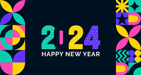 Wall Mural - 2024 Happy New Year colorful Text logo typography and background design template. greetings with 2024 numbers in the form of colored stained glass. Art design template 2024. Vector illustration.