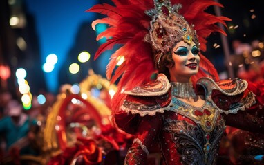 Carnival Performer in Red Feathers and colorful costumes