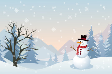 Wall Mural - Snowman wearing a hat and red scarf in front of a simple flat winter landscape. Beautiful vector illustration for Christmas or New Year. Postcard, poster, banner.