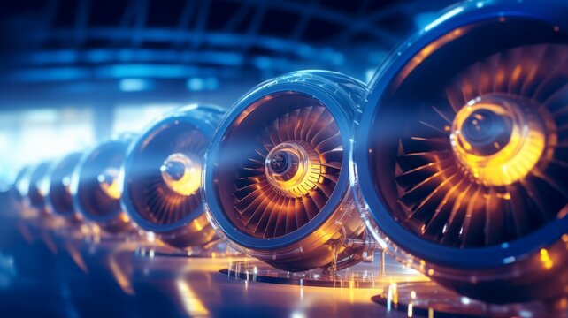 modern blue turbofan jet engine blades background. close up of turbojet of aircraft or spacecraft on