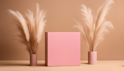 Wall Mural - Autumn pink pedestal with pampas grass on brown or yellow background with dried flowers, copy space, 