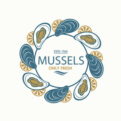 Wall Mural - label of fresh mussel shell isolated on light background