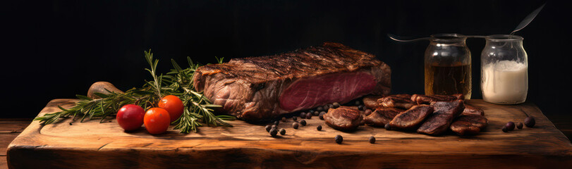 Wall Mural - Salt food sirloin grill angus background roast beef meat steak red rosemary pepper