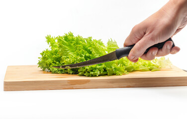 Wall Mural - Cutting fresh green salad on a wooden kitchen board. Side view. Female hand with a knife.