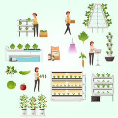 greenhouse farming set with vertical hydroponics aeroponics symbols cartoon vector illustration