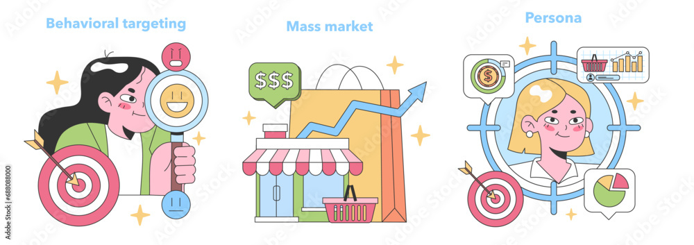 Marketing Strategies set. Behavioral targeting precision, expansive ...