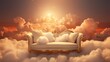 Generative AI, Golden and white fantastic 3d clouds with sofa in the sky. Gentle colors and with bright lights.	
