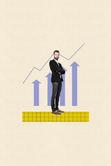 Canvas Print - Vertical creative collage young businessman folded hands confident leadership stats rise graphic up isolated on beige background