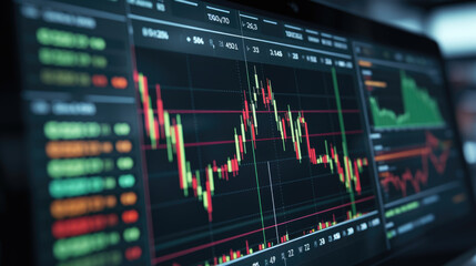 Sticker - Close-up of a financial trading screen displaying market data with various colored candlestick charts, numerical values, and trend lines indicating stock performance.