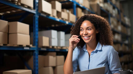 Woman in a warehouse speaking on a mobile phone, with shelves of boxed inventory in the background