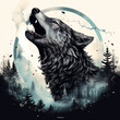 wolf howling into the full moon, in the style of hand-drawn elements