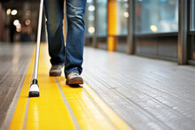 Close-up of a blind man walking along a tactile tile with a cane. Inclusive, accessibility and friendly environment in the self-orientation while moving through the streets of the city