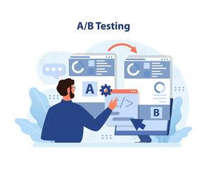 A B Testing concept. Expert analyzing two website versions, making data-driven decisions. Exploring user engagement metrics, optimizing for best performance. Digital strategy evaluation. Flat vector