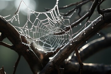 closeup of a spiderweb with dew drops on a tree