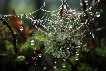 closeup of a spiderweb with dew drops on a tree